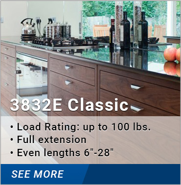 3832E Classic: load rating up to 100 lbs., full extension, even lengths 6-28 inches
