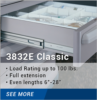 3832E Classic: load rating up to 100 lbs., full extension, even lengths 6-28 inches